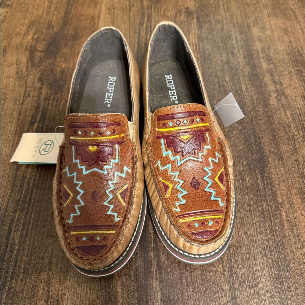 Roper Brown and Tan Slip-On Shoes with Aztec Design